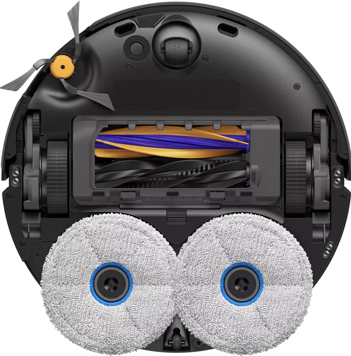 Parte inferior de un robot aspirador con cepillos, ruedas y dos almohadillas.