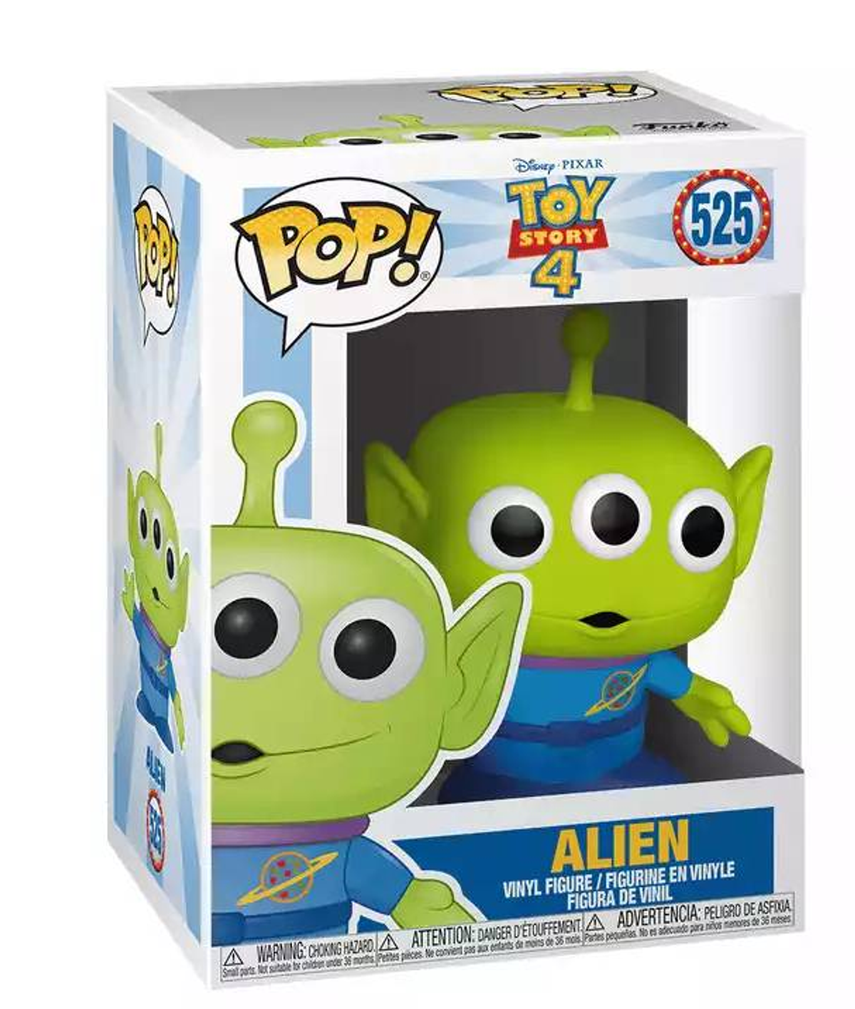 Funko Pop! Toy Story 4 Figur eines grünen Aliens mit drei Augen in der Verpackung.