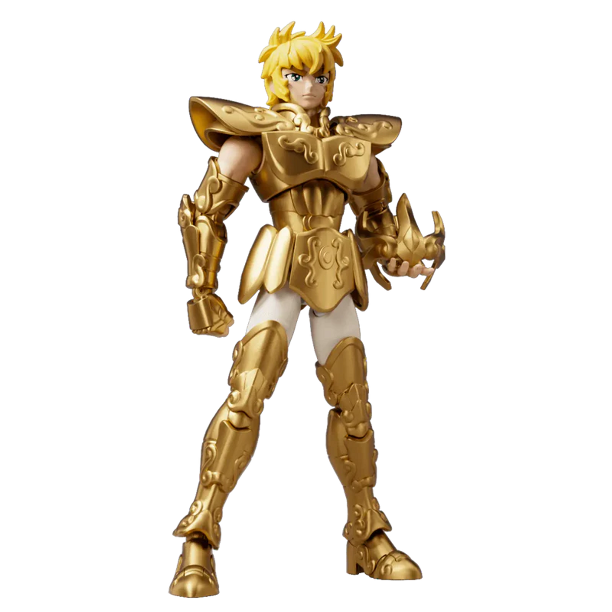 Ein Mann mit blonden Haaren trägt eine goldene Rüstung und weiße Kleidung.