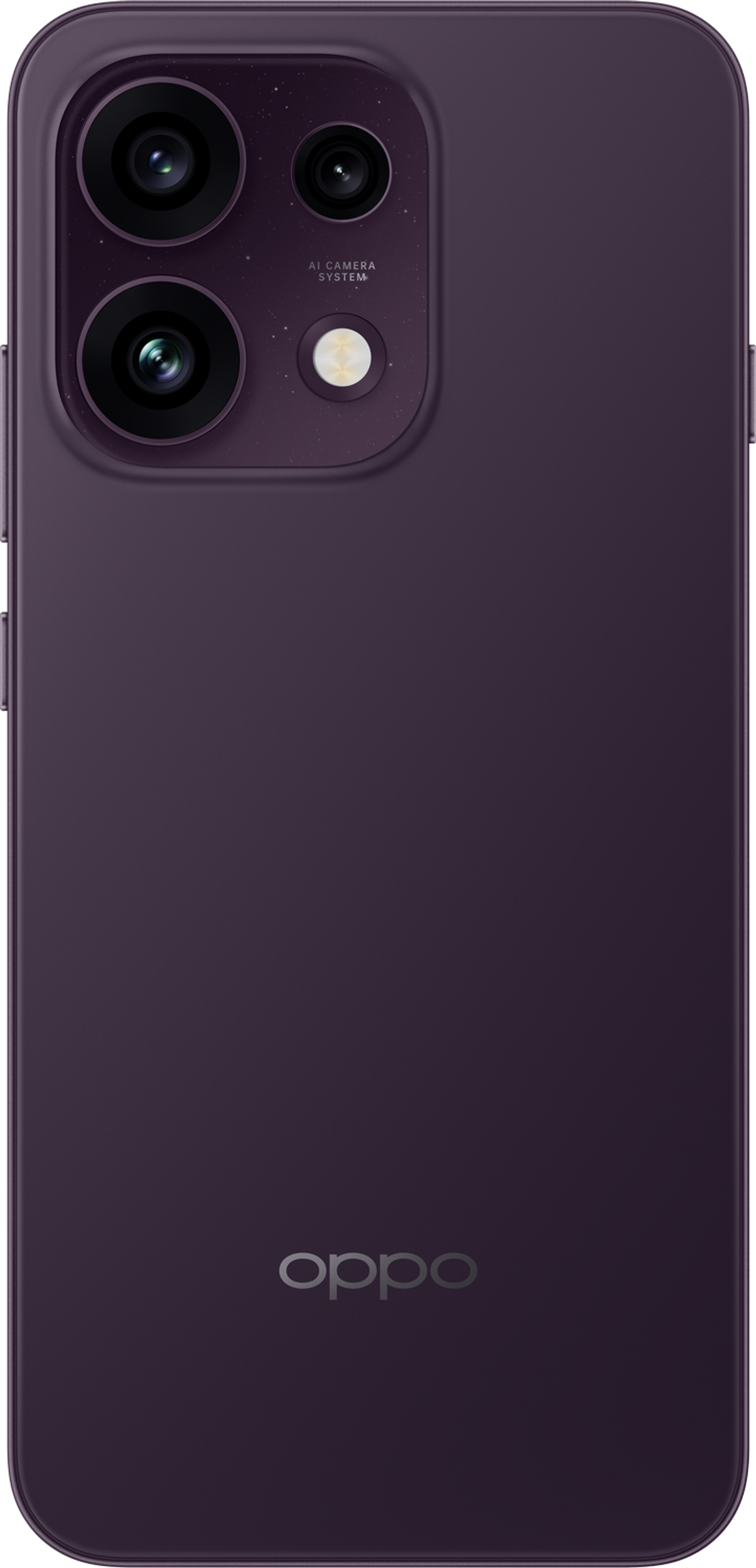 Lila Smartphone-Rückseite mit dreifacher Kamera und OPPO-Logo.