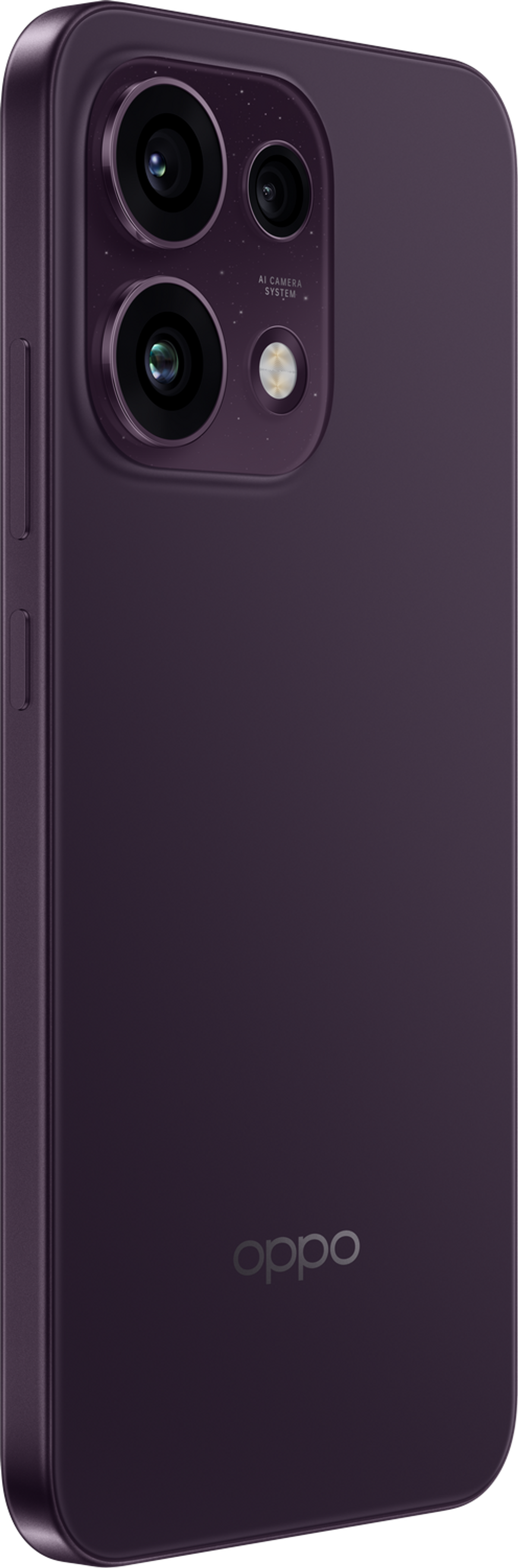 Lila OPPO Smartphone Rückseite mit drei Kameras und Blitz.