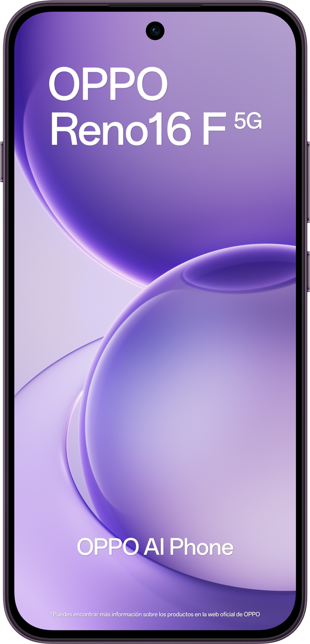 Ein Smartphone mit OPPO Reno16 F 5G und OPPO AI Phone Schriftzug auf lila Hintergrund.