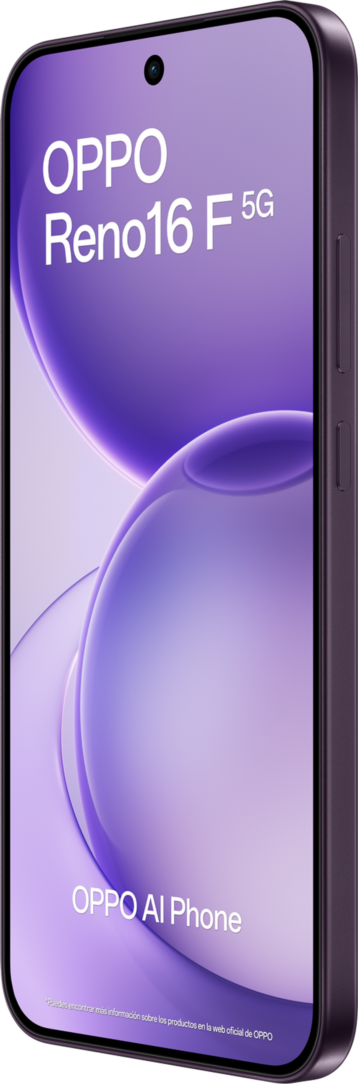 Ein violettes OPPO Reno16 F 5G Smartphone mit OPPO AI Phone Schriftzug.
