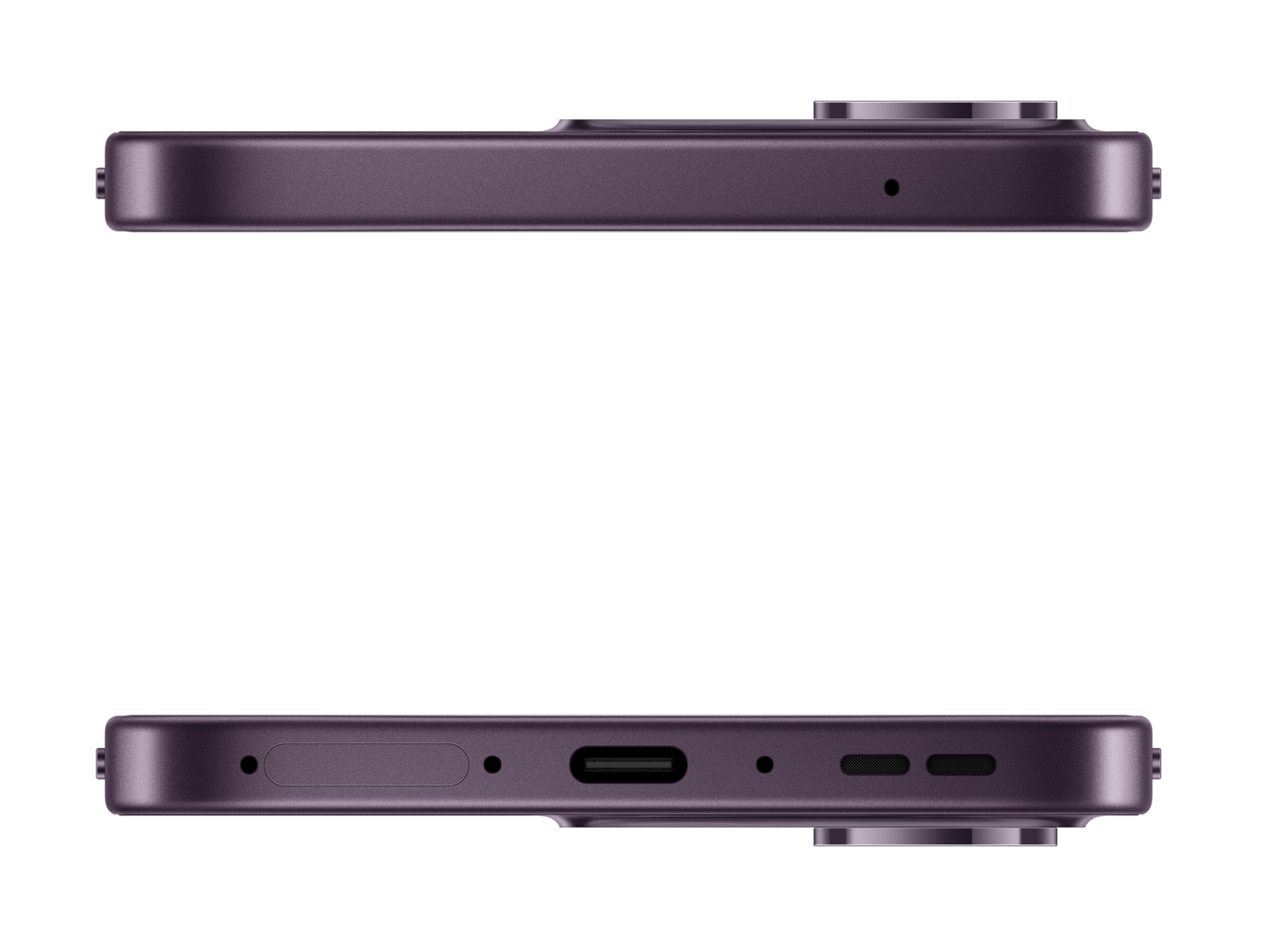 Ober- und Unteransicht eines lila Smartphones, das Anschlüsse und Tasten an seinen Kanten zeigt.