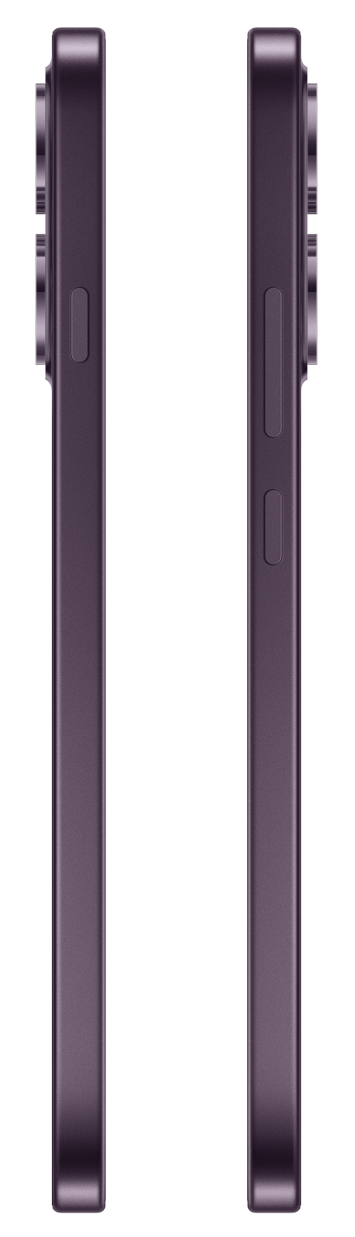 Zwei violette Smartphones im Profil, nebeneinander auf schwarzem Hintergrund.