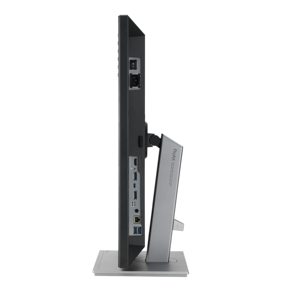 Vista laterale di un monitor nero che mostra le porte. Pulsante di accensione in alto, poi due porte Ethernet.