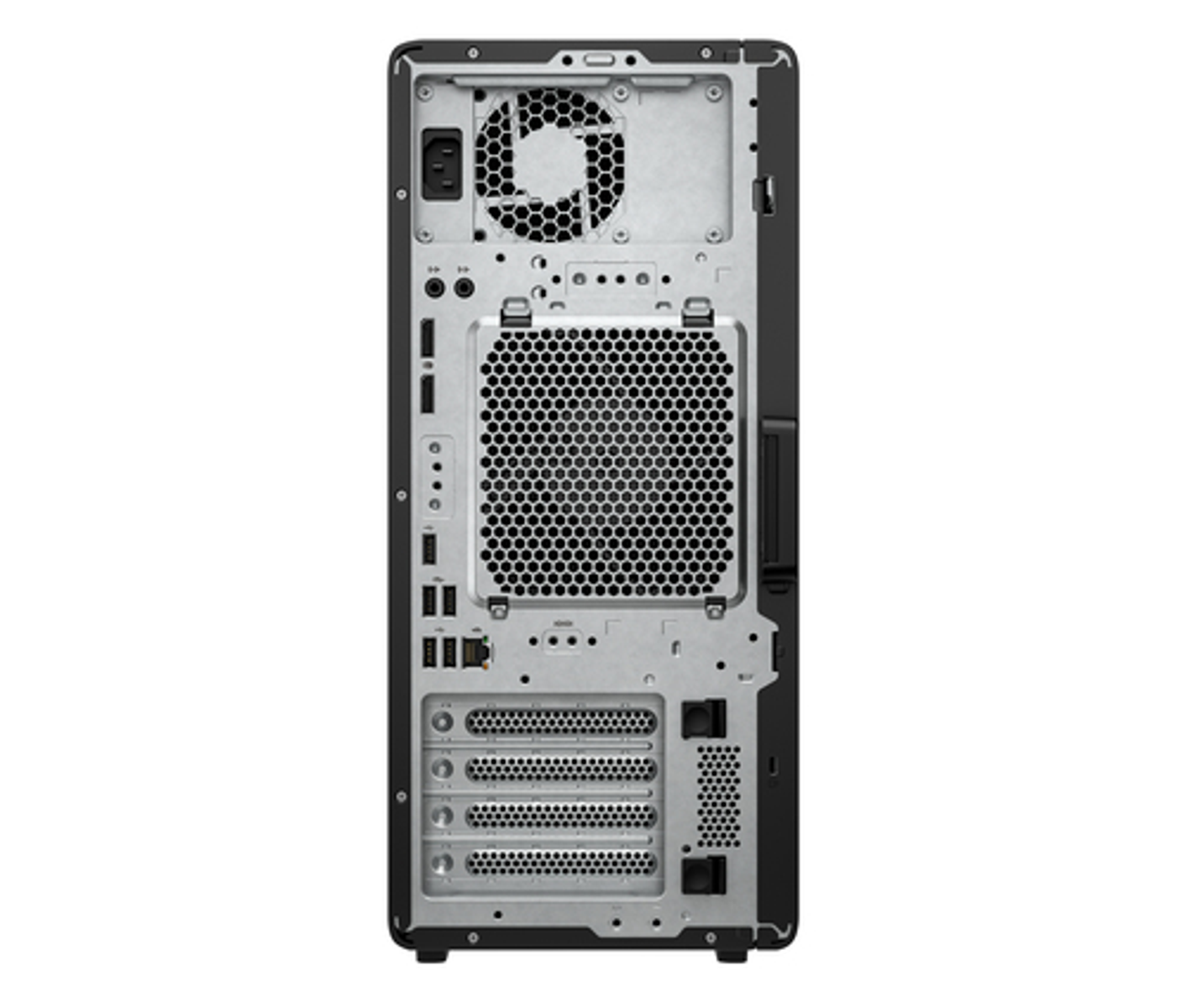 Vista trasera de una torre de computadora negra que muestra puertos, rejillas y ranuras.