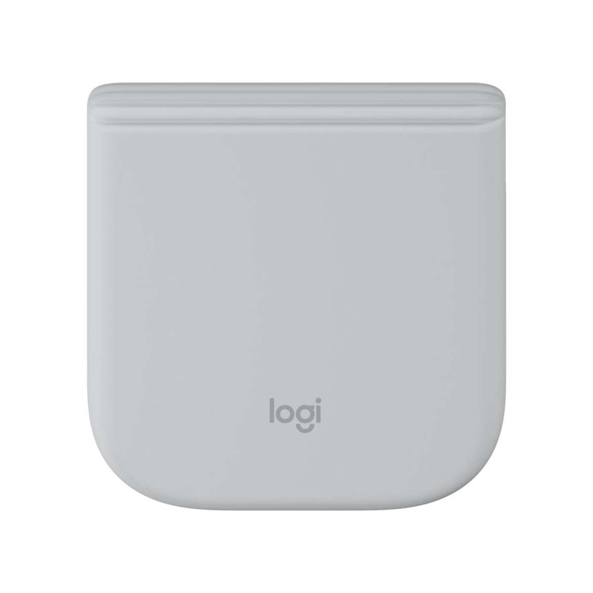 Un cubo Logitech grigio con angoli arrotondati e scanalature in cima.