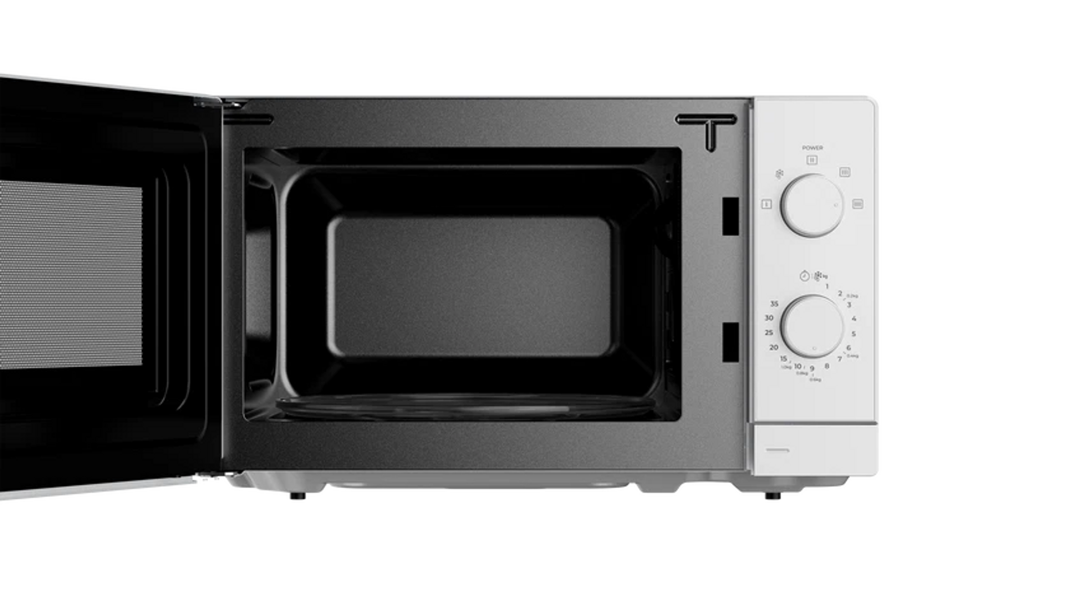 Forno a microonde aperto con controlli e interno