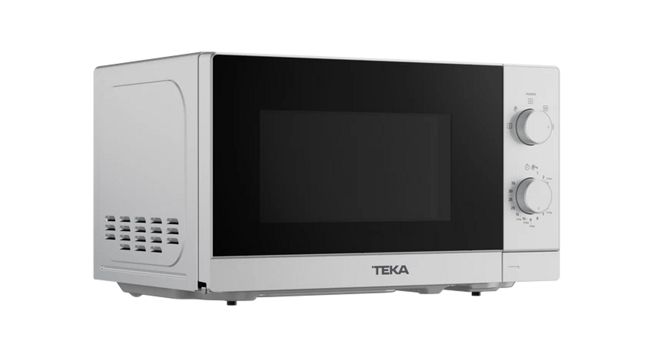 Un microonde Teka bianco con porta nera e due manopole di controllo.