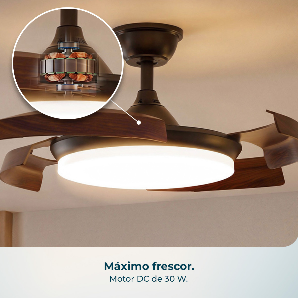 Ventilador de techo con aspas de madera y luz integrada, vista detallada del motor.