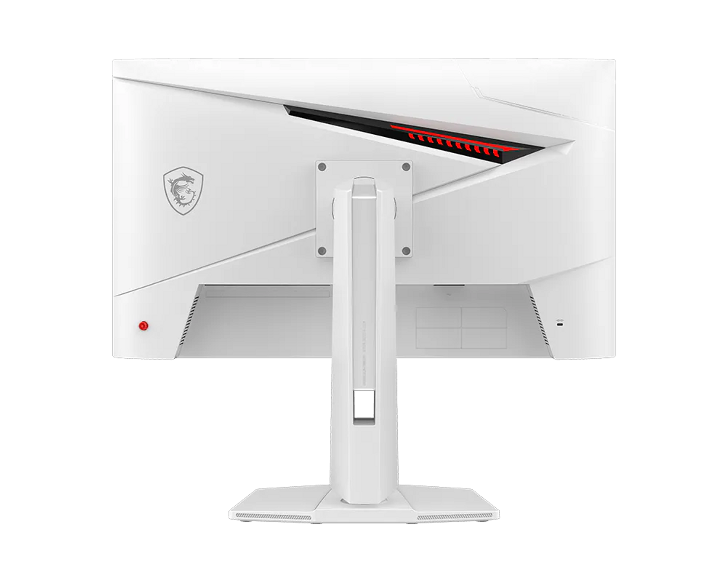 Retro di un monitor bianco con logo MSI e accenti rossi.