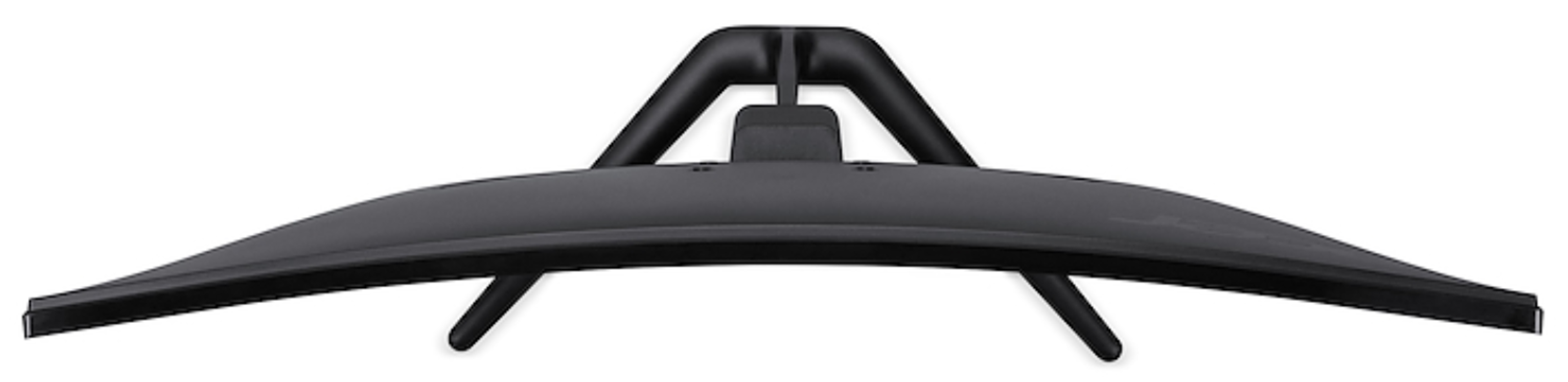 Un soporte de monitor curvo negro con un brazo central y dos patas.