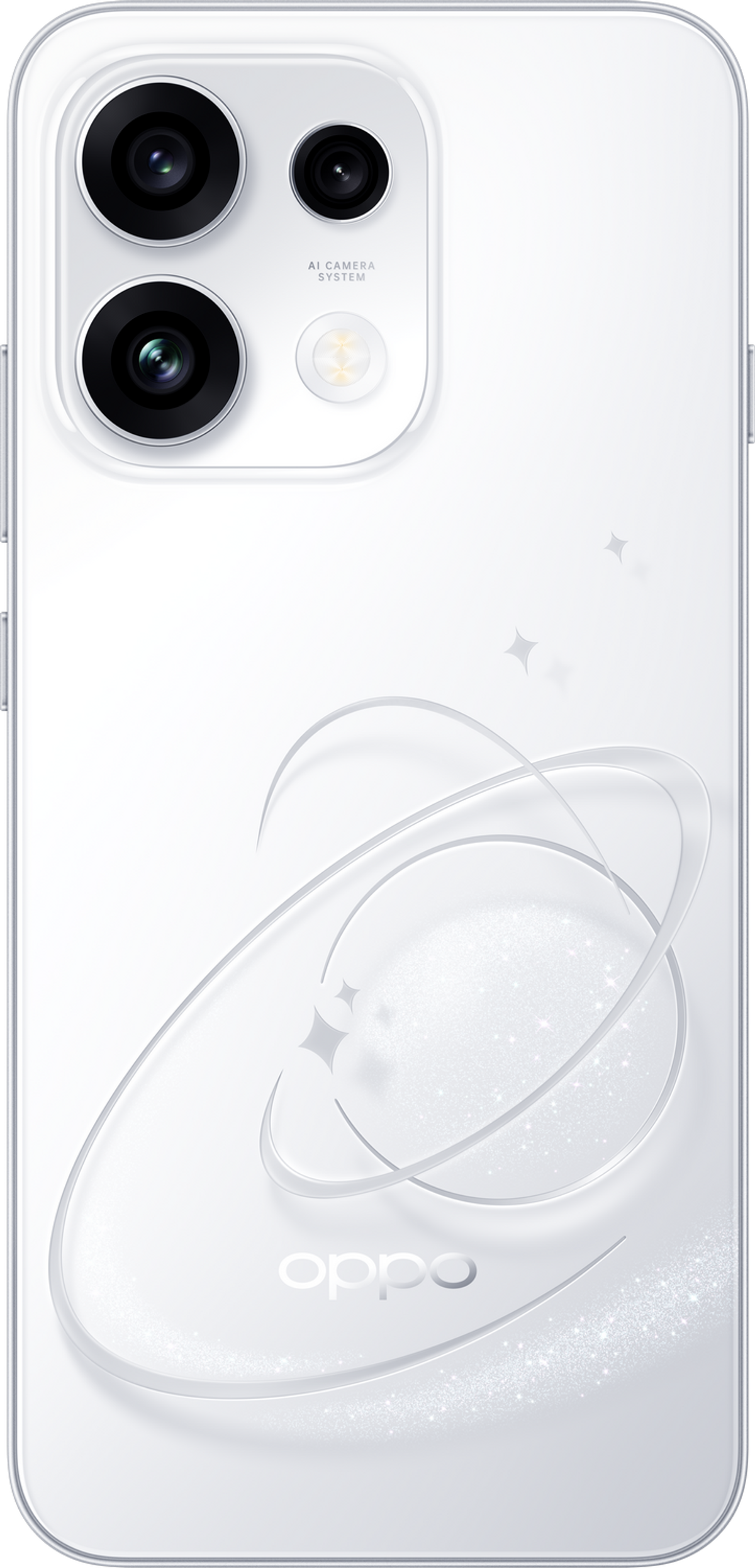 Ein weißes Smartphone mit drei Kameras und einem Blitz auf der Rückseite.