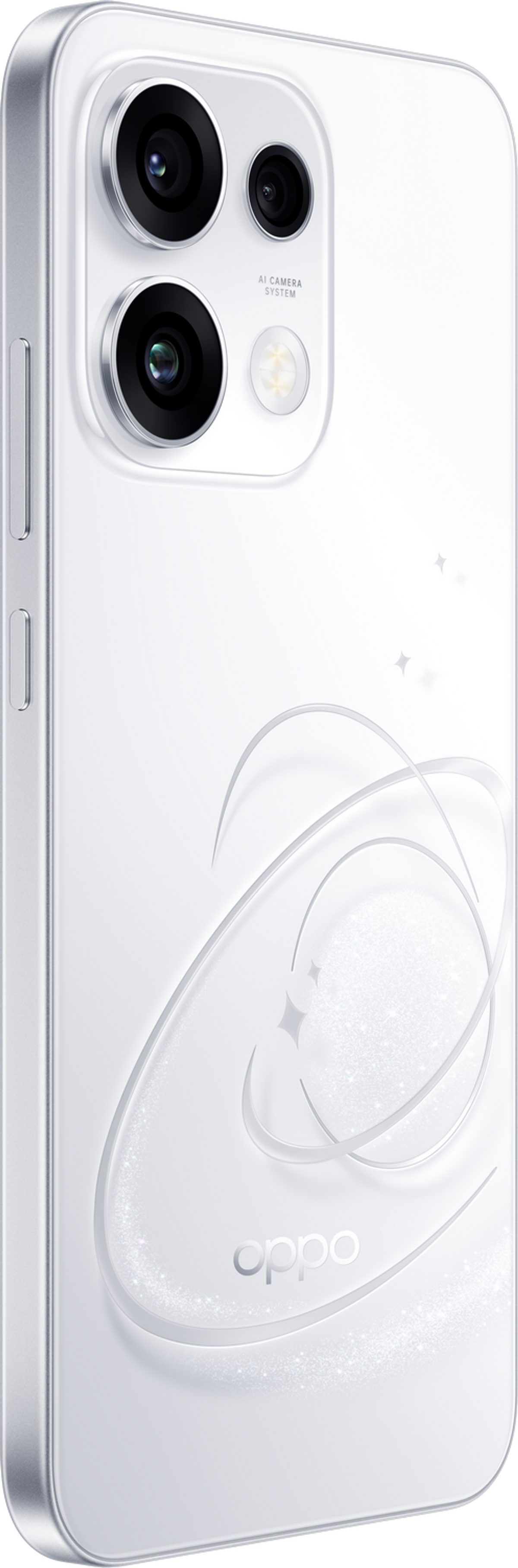 Ein weißes Smartphone mit Kamera und OPPO-Logo. Dekorative Linien zieren die Rückseite.