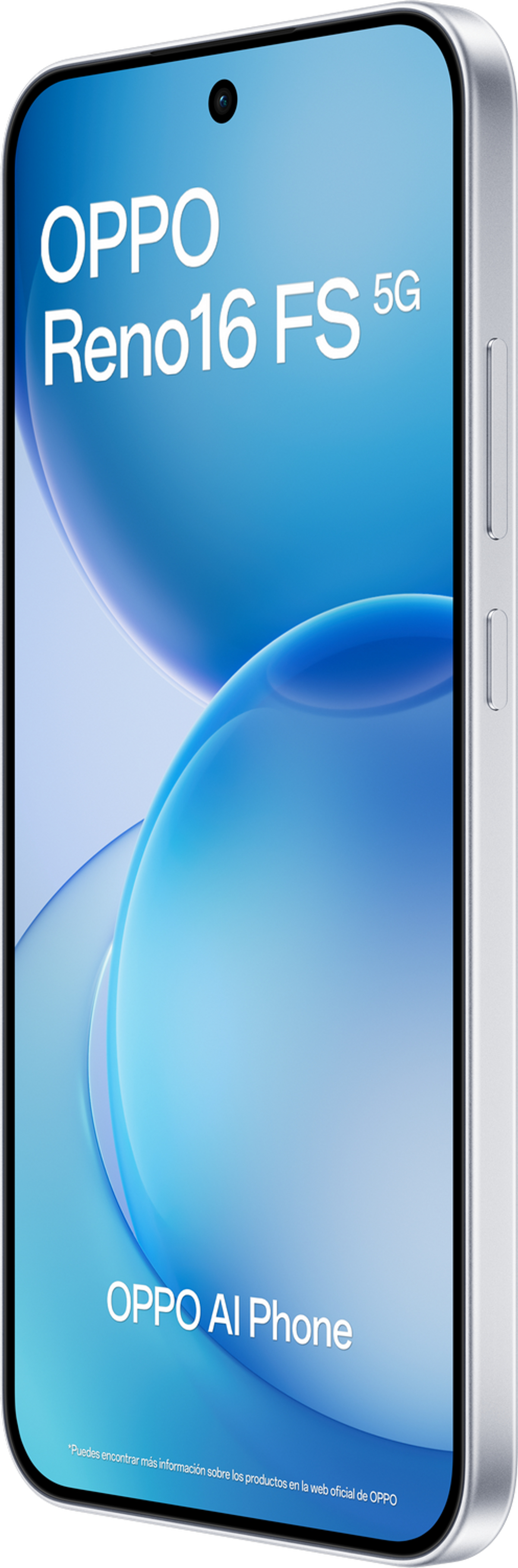 Ein silbernes OPPO Reno16 FS 5G Smartphone mit blauem Hintergrund.