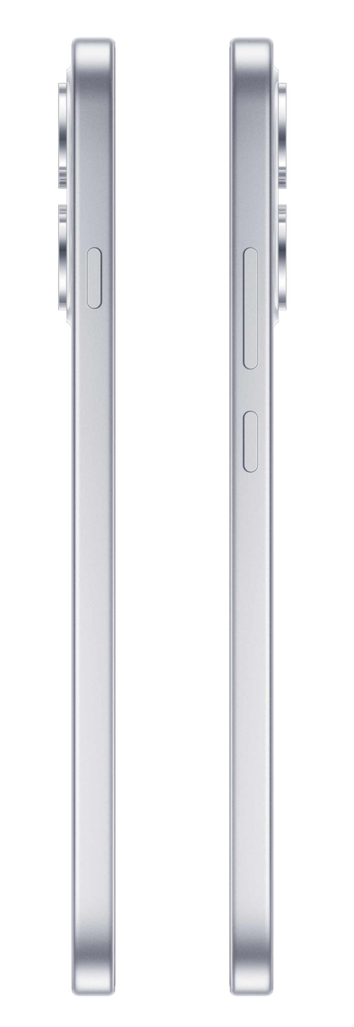 Zwei silberne Smartphones nebeneinander auf schwarzem Hintergrund, Seitenansicht.