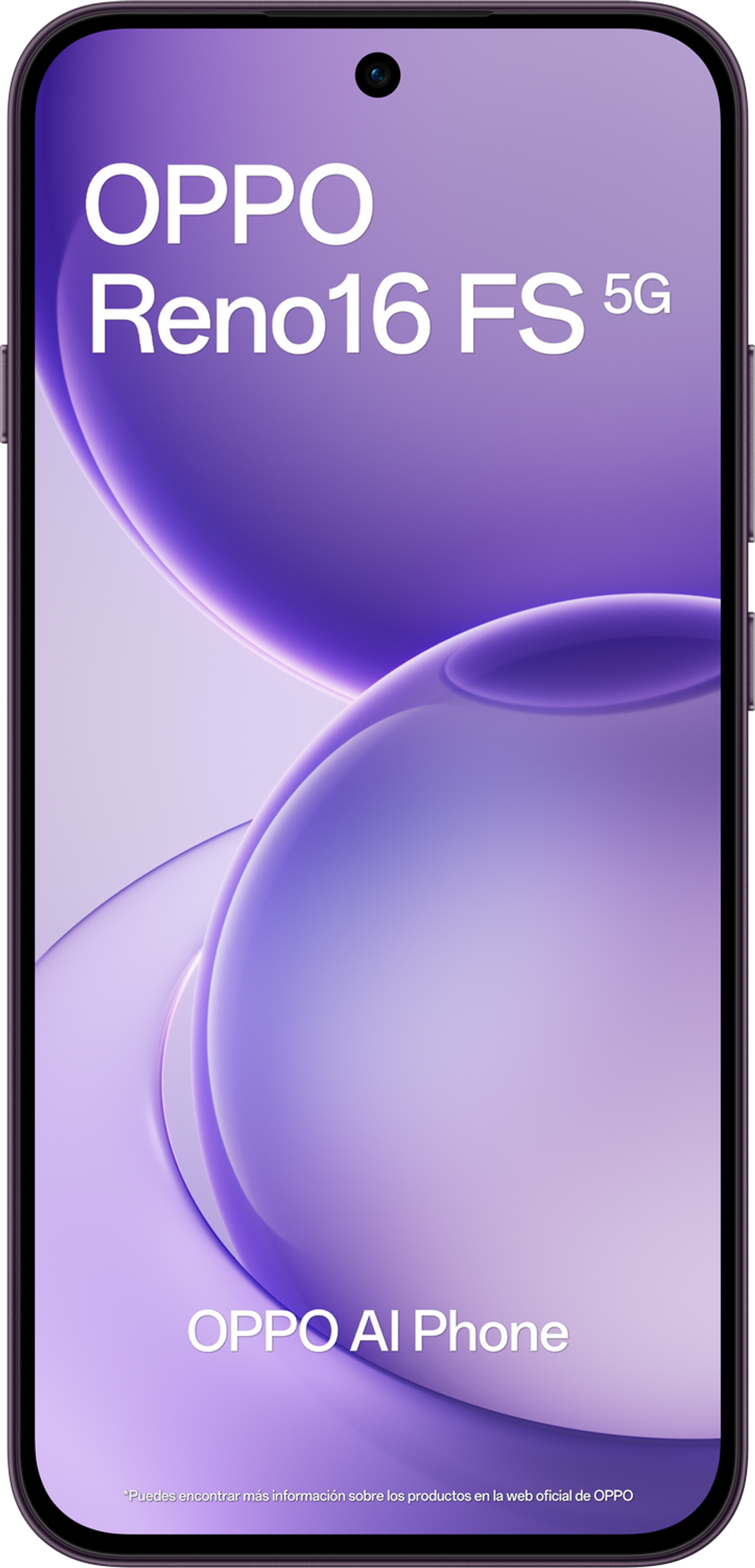 Uno smartphone OPPO Reno16 FS 5G con sfondo viola.