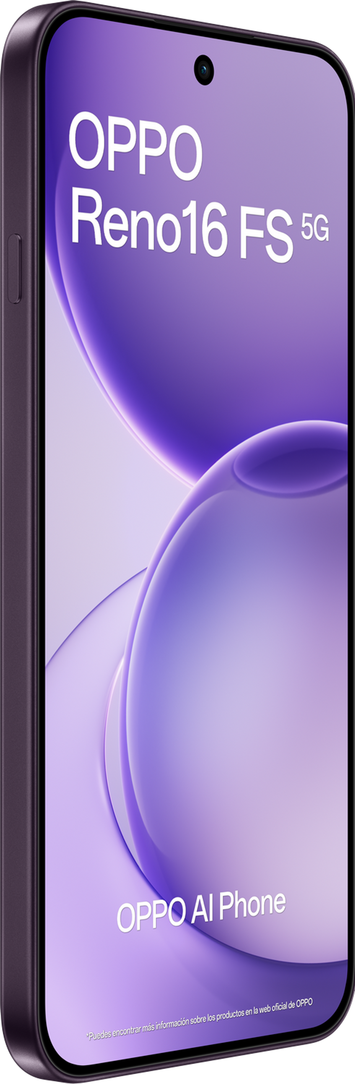 Uno smartphone OPPO Reno16 FS 5G viola con obiettivo della fotocamera in alto.