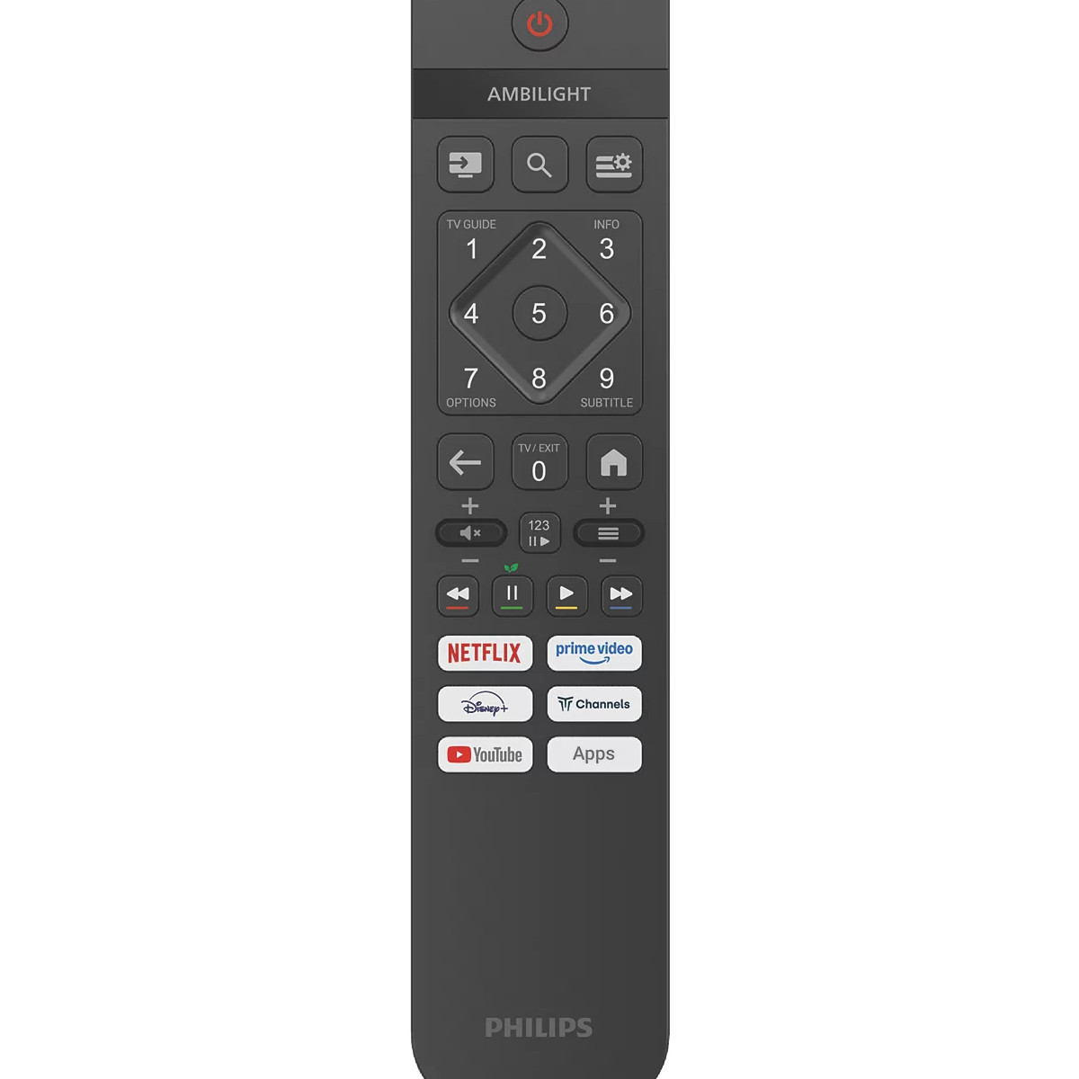 Un mando a distancia oscuro con logo Ambilight, botones numéricos y de apps.