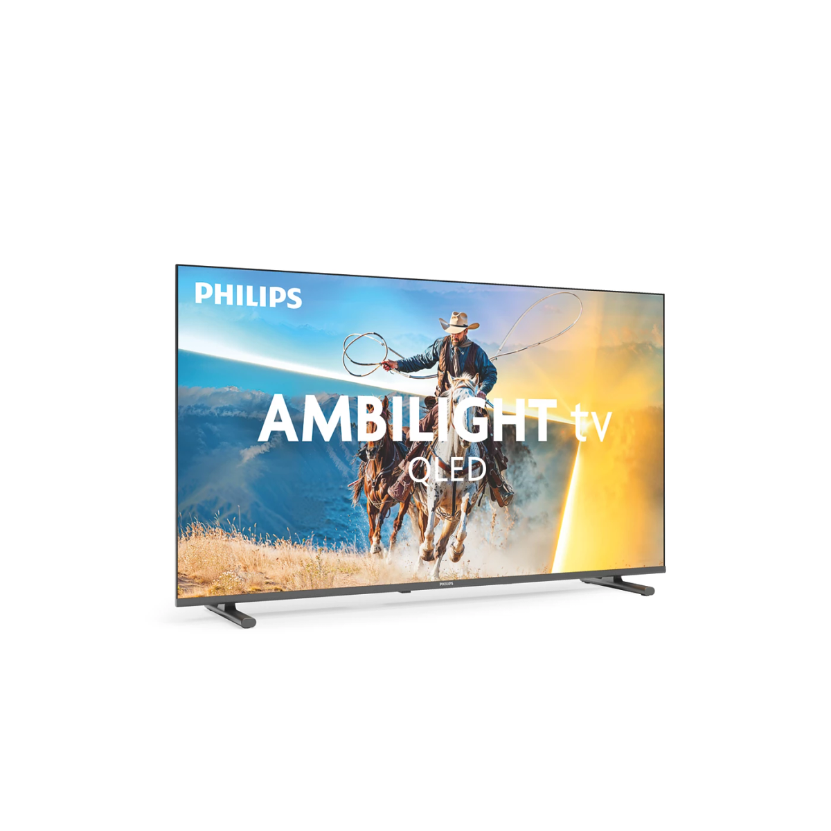 Un televisor Philips Ambilight muestra un vaquero en dos caballos con un lazo.