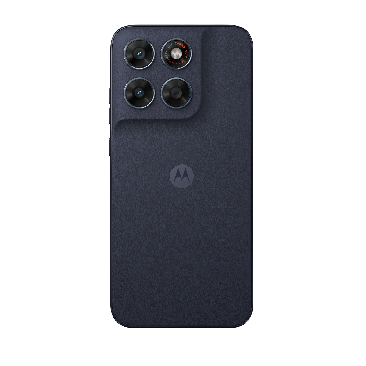 Smartphone blu scuro con quattro fotocamere e logo Motorola.