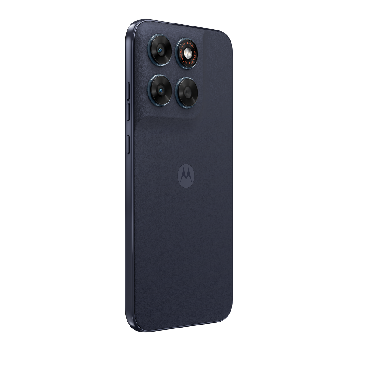 Smartphone blu scuro con fotocamera quadrupla e logo Motorola sul retro.