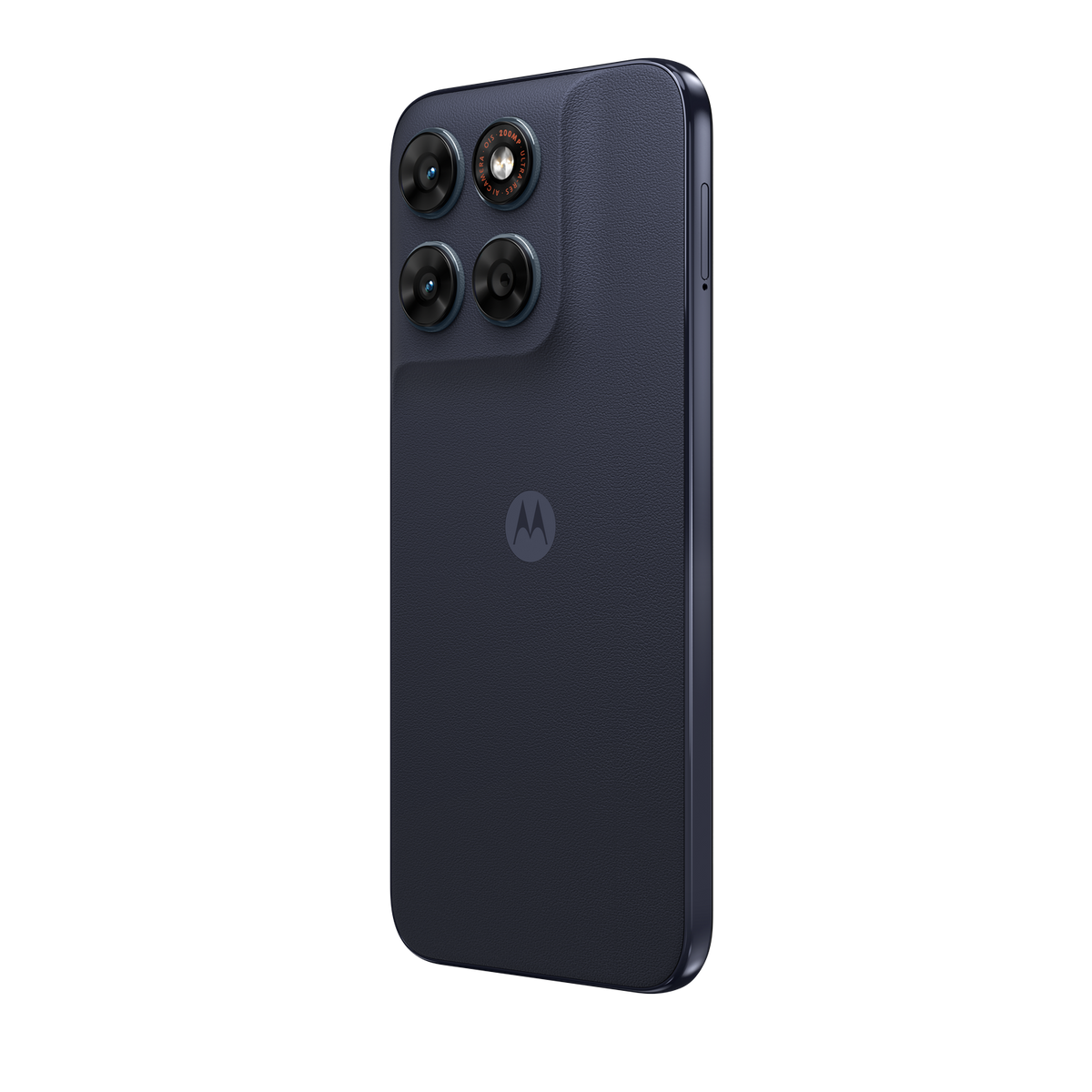 Smartphone blu scuro con quattro fotocamere e logo Motorola.