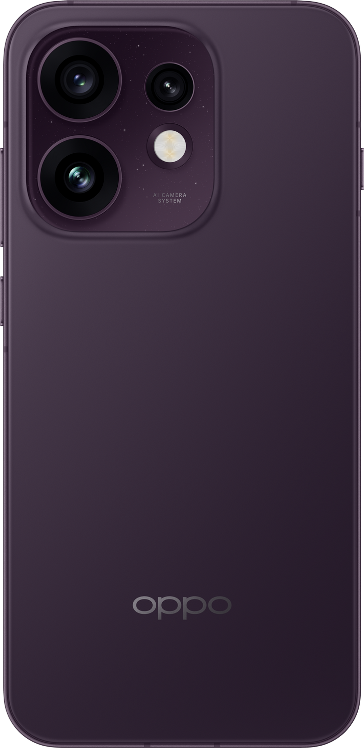 Smartphone OPPO viola con sistema di fotocamere e flash.