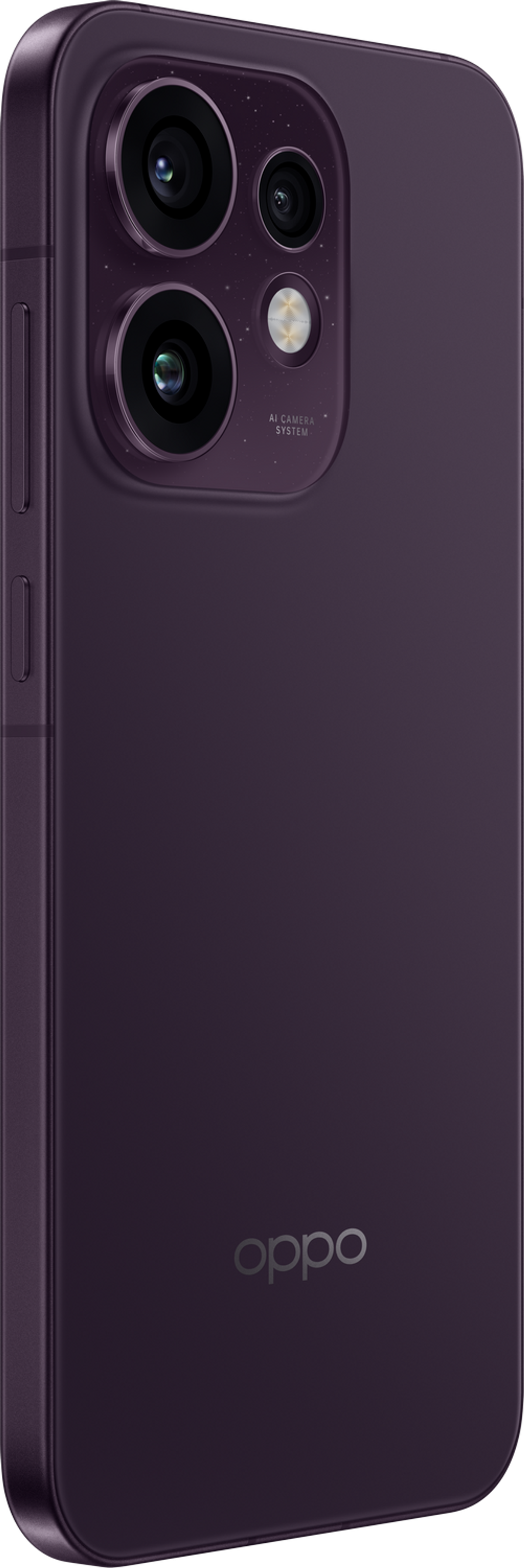 Smartphone OPPO viola con sistema di fotocamere e logo sul retro.