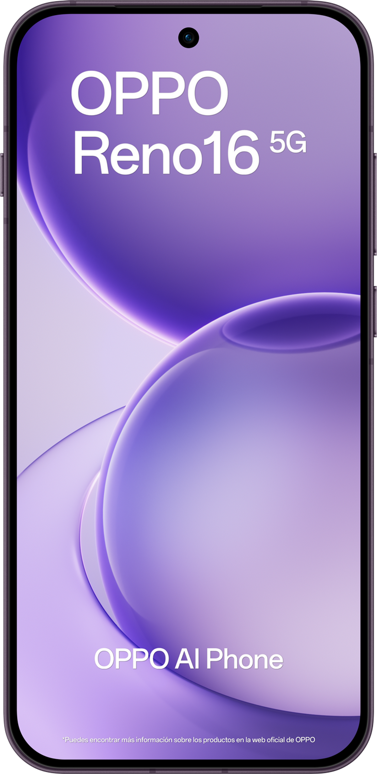 Telefono OPPO Reno16 5G con testo OPPO AI Phone su sfondo viola.