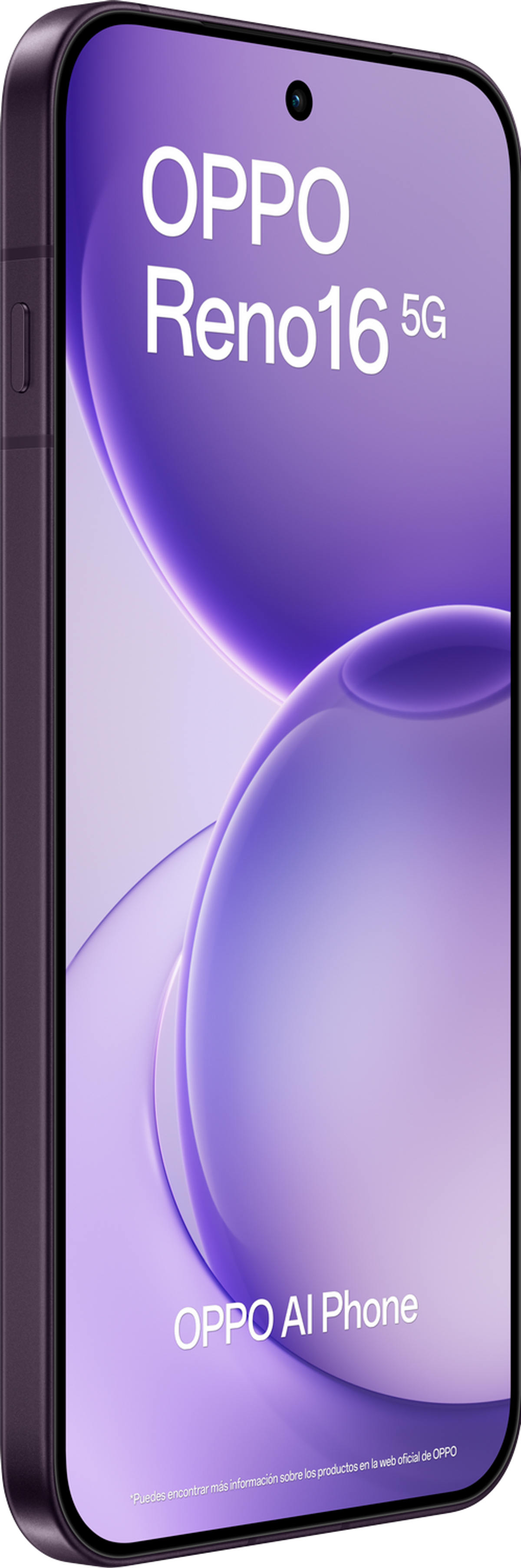 Uno smartphone OPPO Reno16 5G viola con testo OPPO AI Phone.