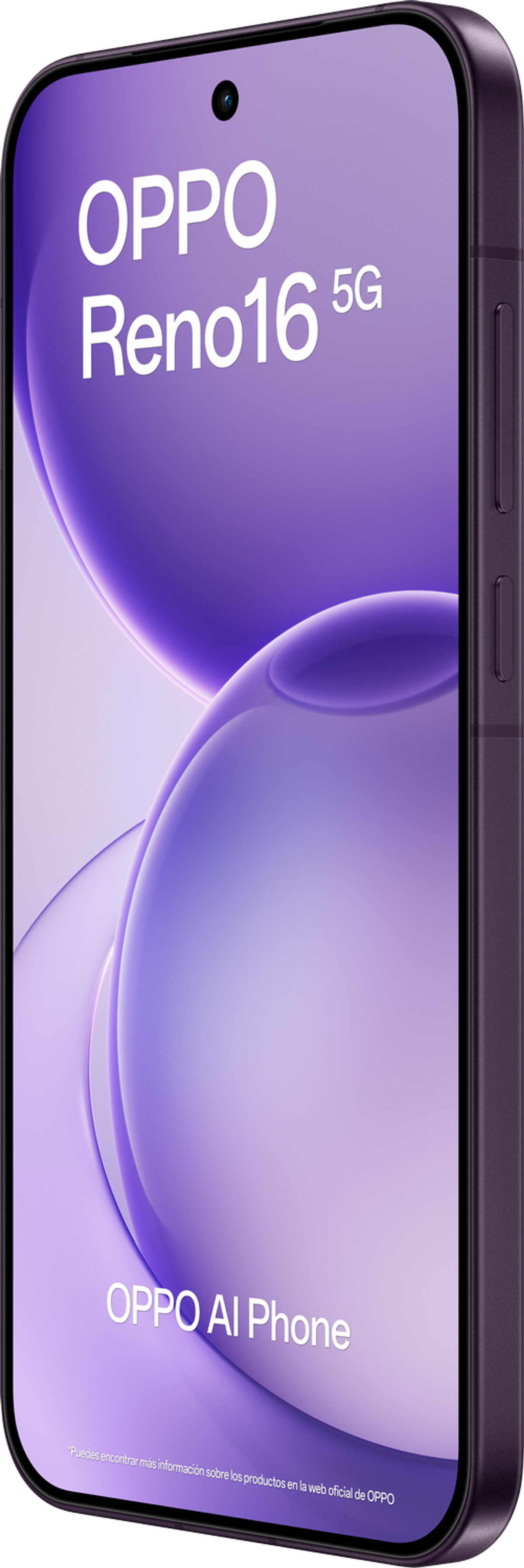 Smartphone viola OPPO Reno16 5G con testo OPPO AI Phone.