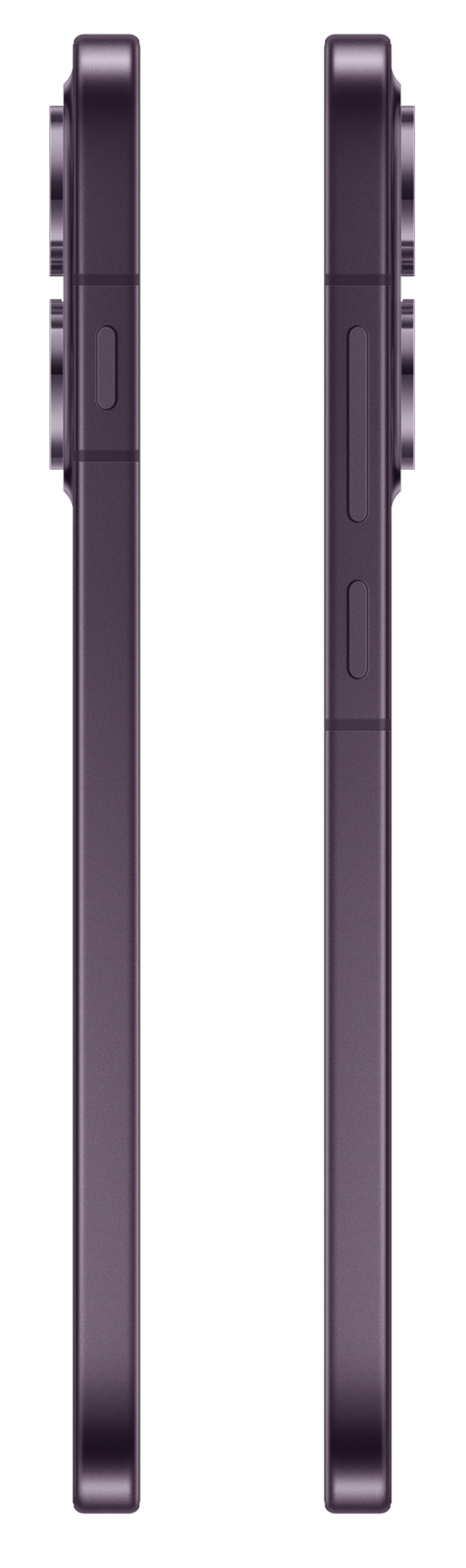 Due smartphone viola uno accanto all'altro su sfondo nero, vista laterale.