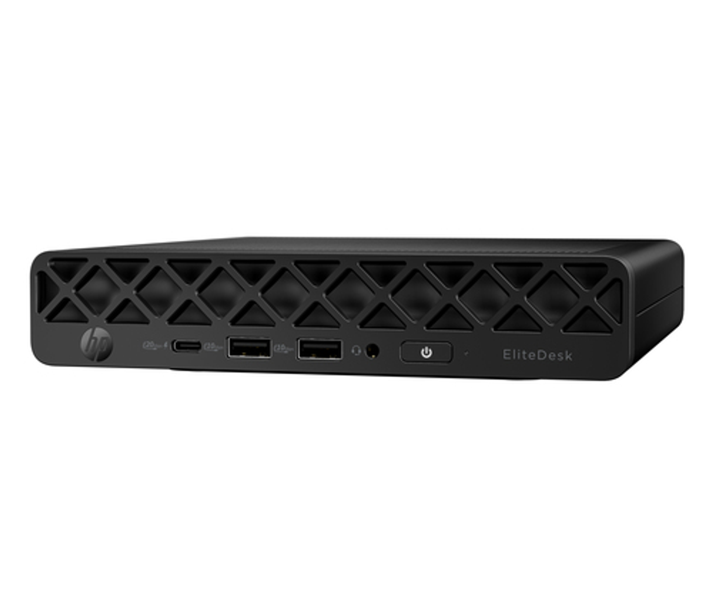 Mini PC HP EliteDesk nero con porte USB e pulsante di accensione.