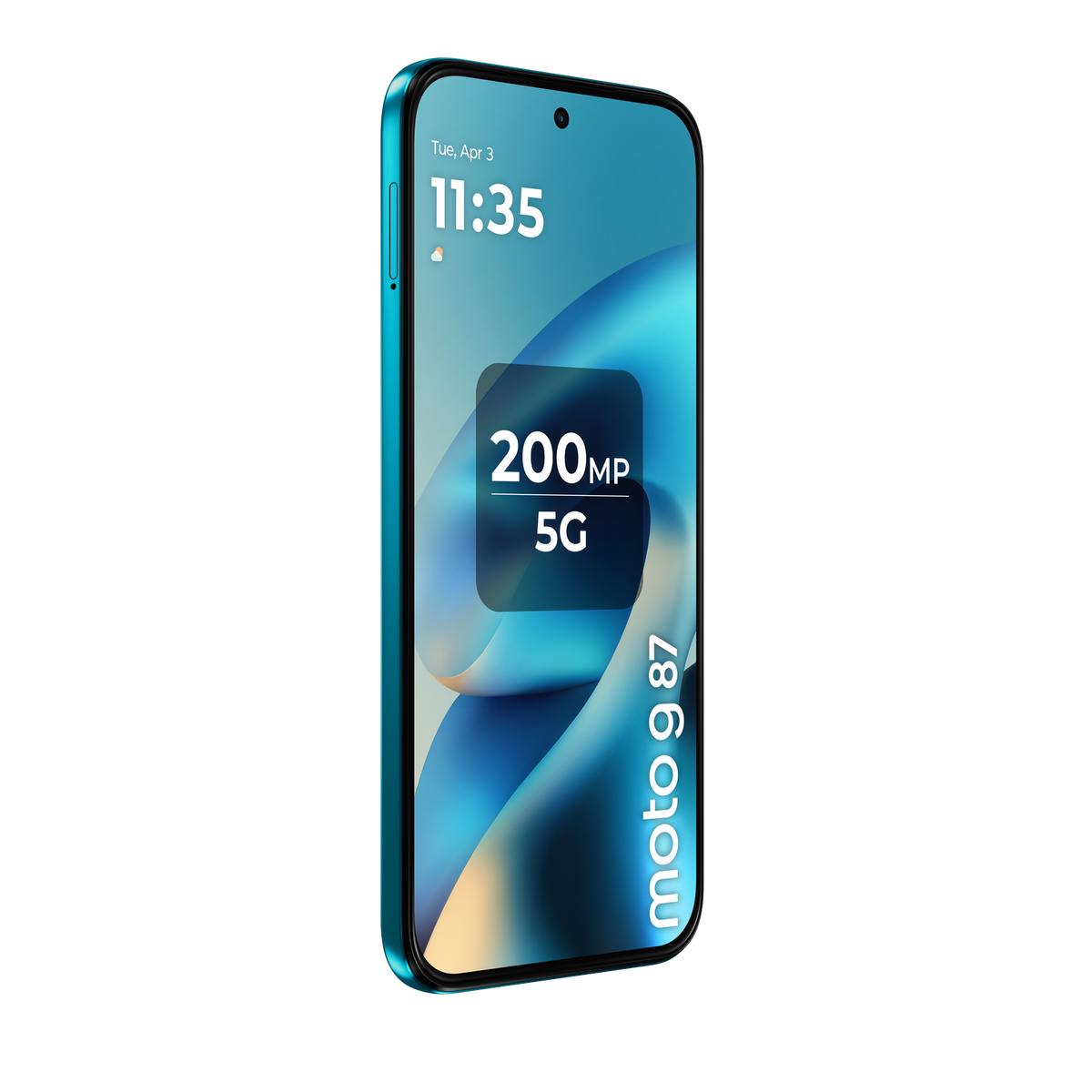 Uno smartphone Moto G 87 turchese con scritta 200MP 5G.