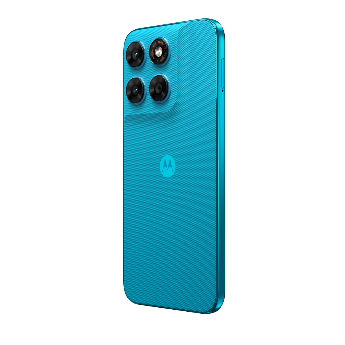 Uno smartphone Motorola blu con configurazione a quattro fotocamere e logo Motorola.