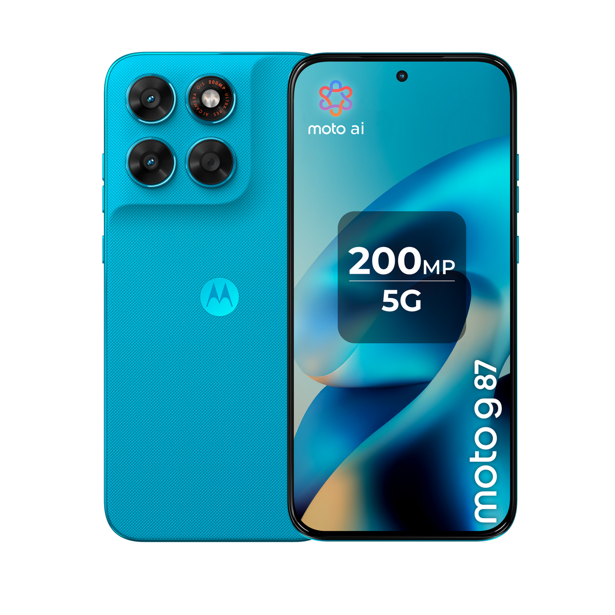 Uno smartphone Motorola blu con fotocamera da 200MP e tecnologia 5G.