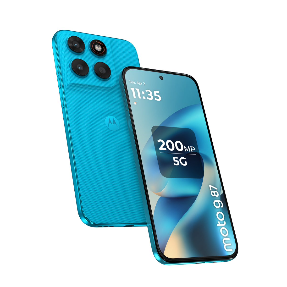 Due telefoni Motorola Moto G 87 blu su sfondo nero.