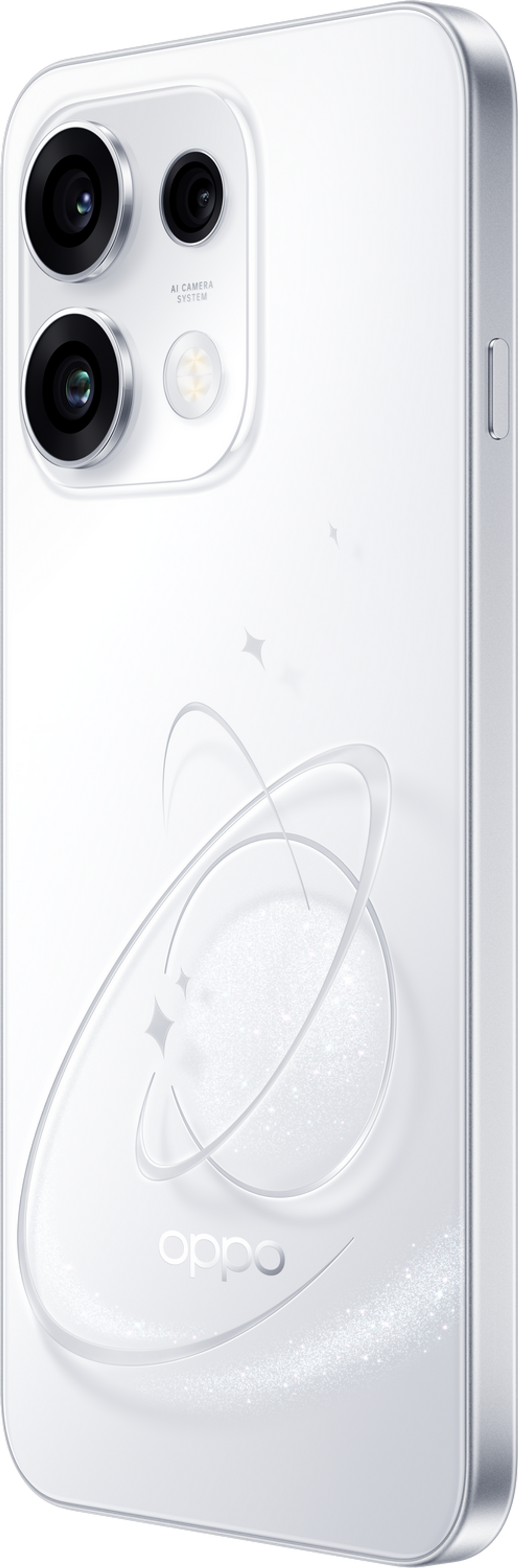 Ein weißes Smartphone mit Kamera, OPPO-Logo und Sternenmuster.