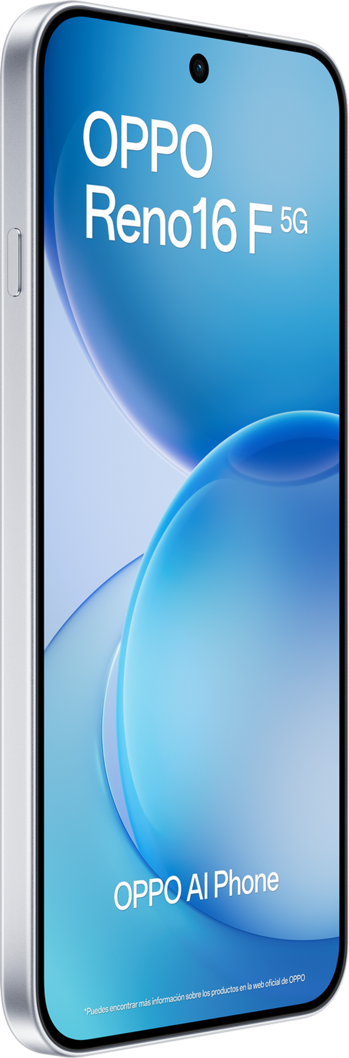 Silbernes Smartphone mit OPPO Reno16 F 5G und AI Phone Schriftzug.