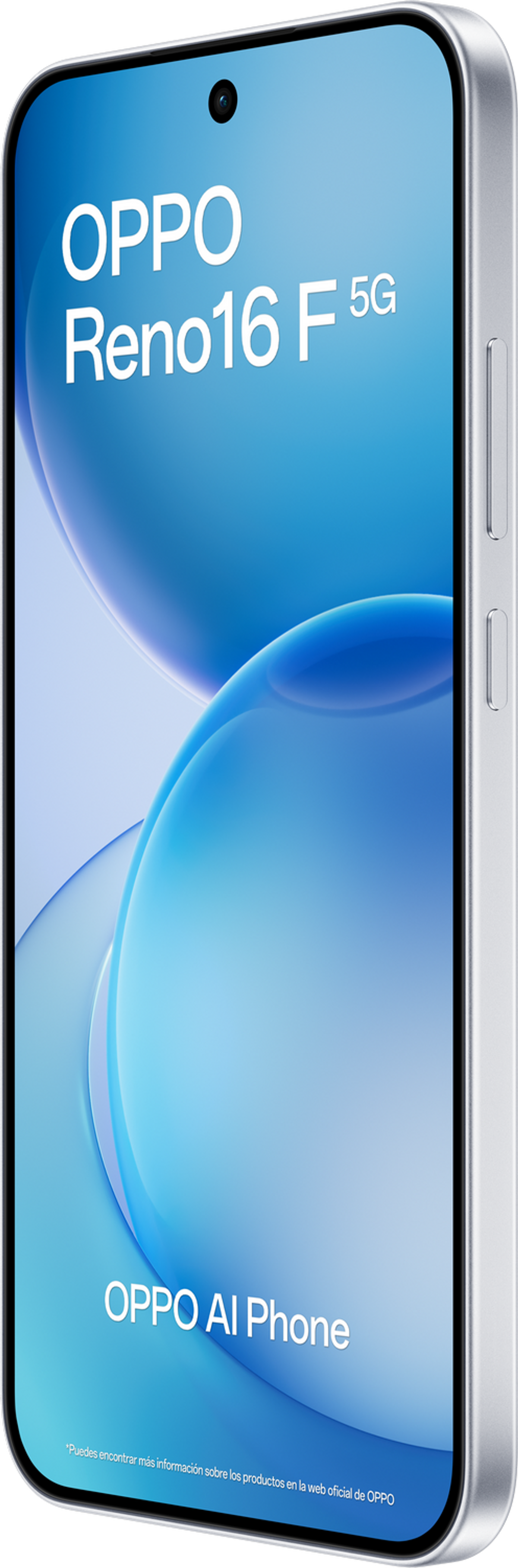 Silbernes OPPO Reno16 F 5G Smartphone mit blauem Hintergrund mit Wellenmuster.