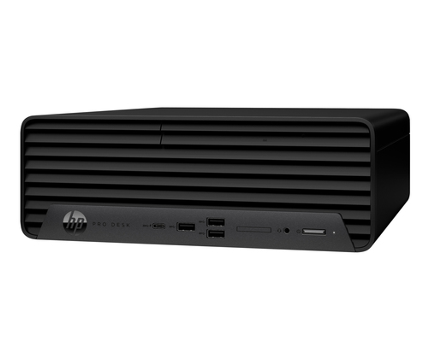 Computer HP Pro Desk nero con prese d'aria e porte frontali.