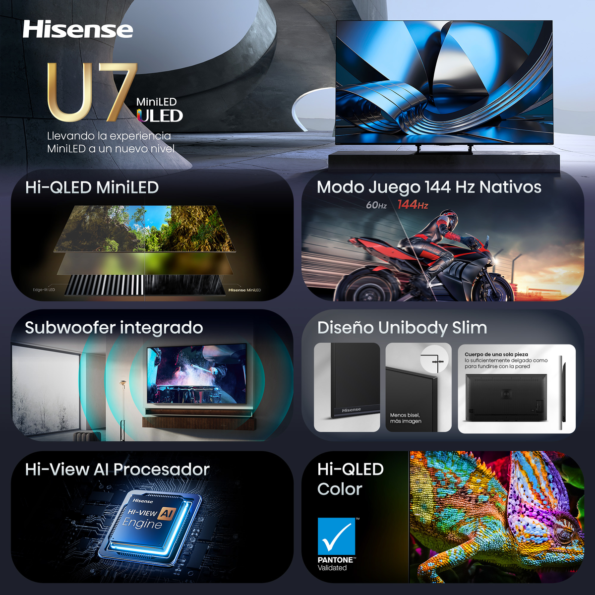 Hisense U7: TV MiniLED con Hi-QLED, gaming 144Hz, diseño slim y procesador AI.