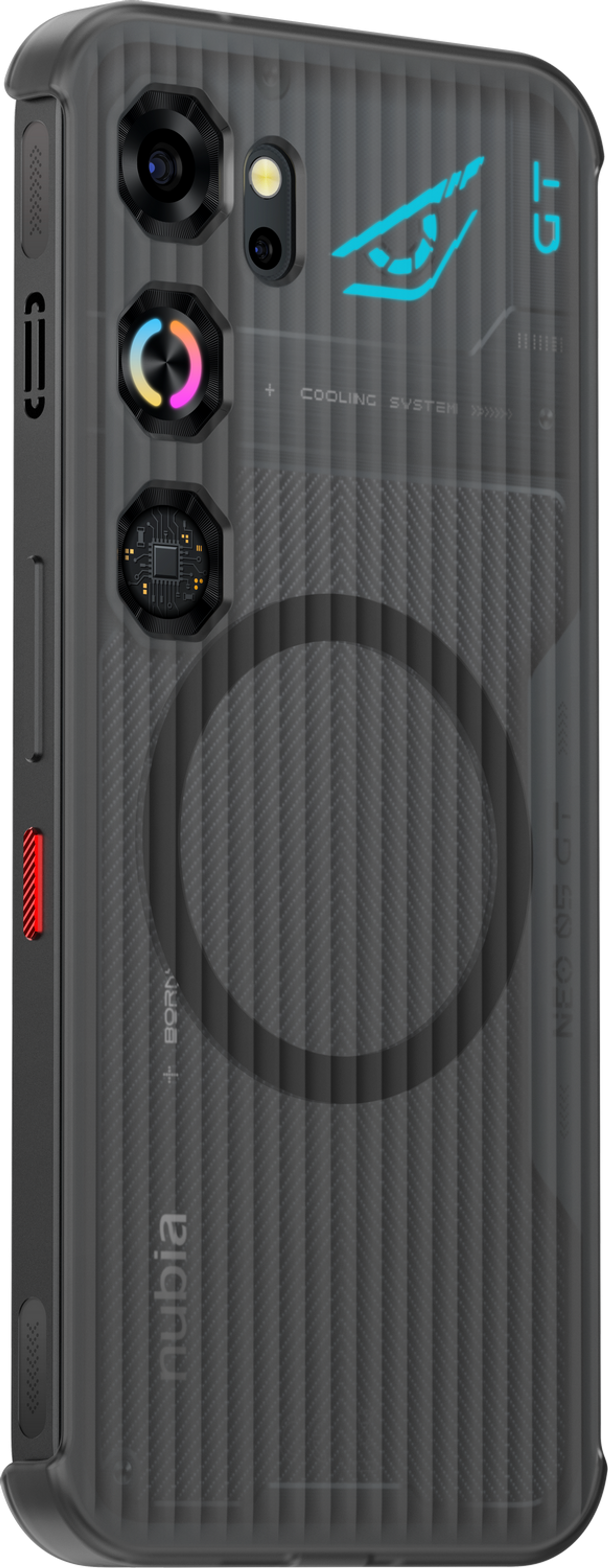 Una custodia trasparente per telefono rivela un telefono scuro con più fotocamere e un logo blu.