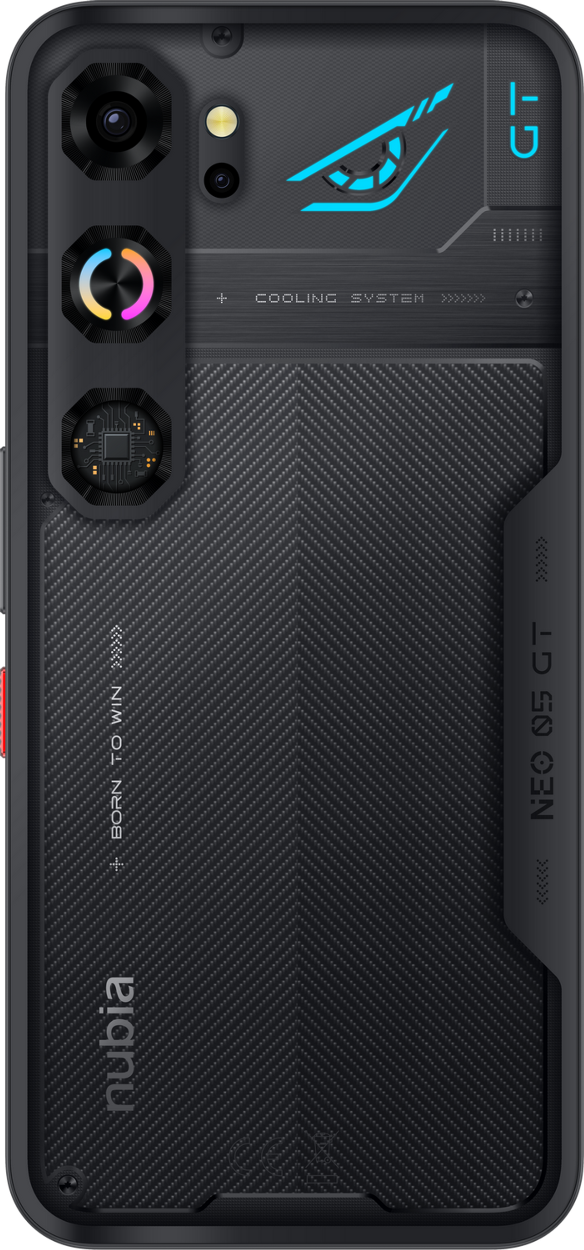 Retro di un telefono nero con logo del sistema di raffreddamento e fotocamera.