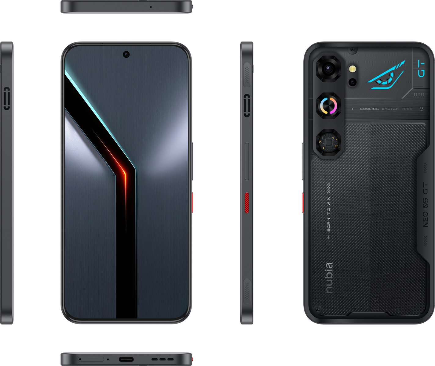 Diverse viste di uno smartphone nero con retro testurizzato e loghi gaming.