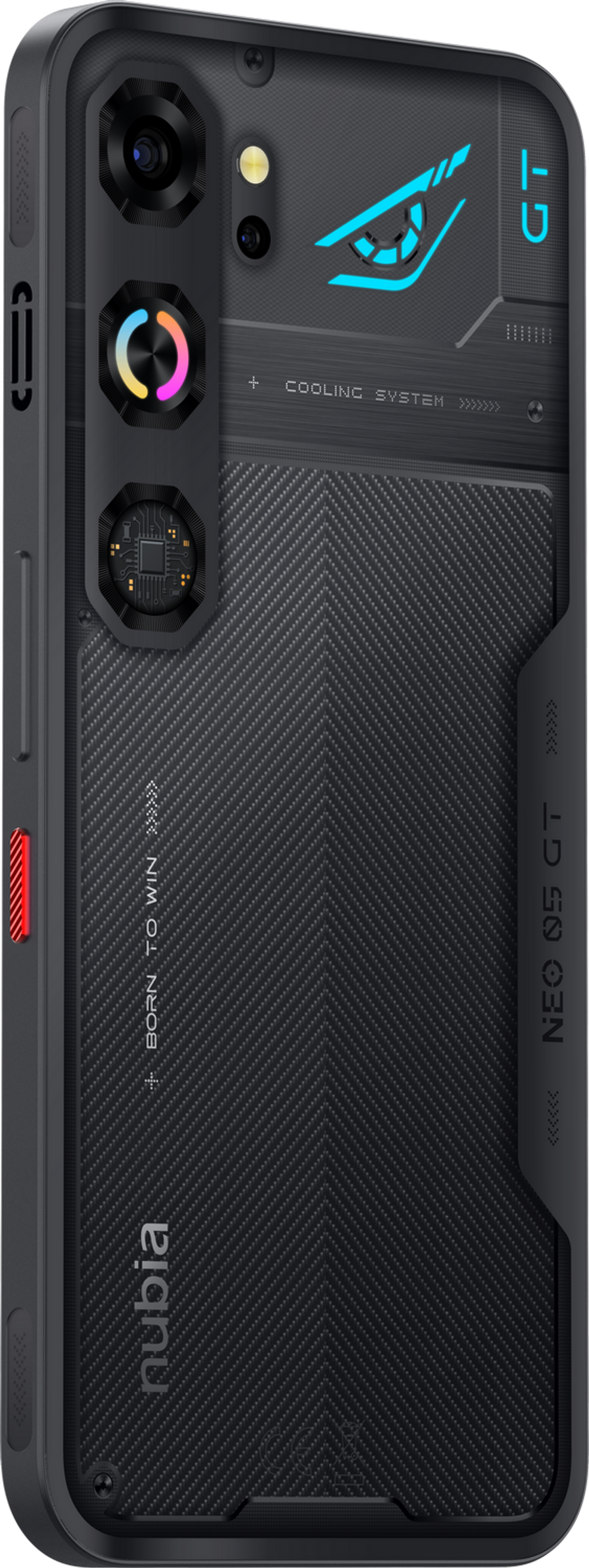 Retro di uno smartphone nero con fotocamere, sistema di raffreddamento e logo.