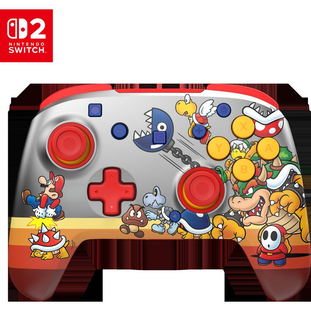 Controlador Nintendo Switch con personajes de Mario: Bowser, Mario, Goomba, Koopa y Chain Chomp.