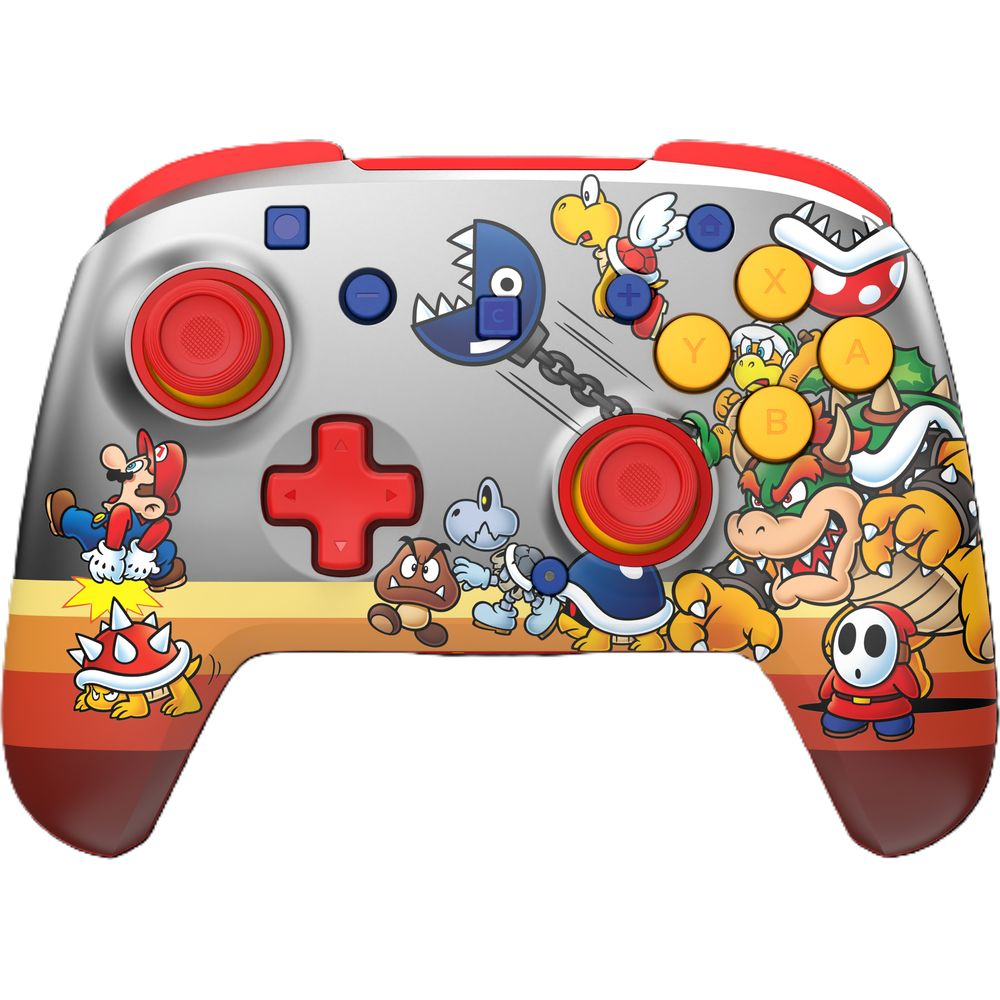 Controlador de Nintendo Switch con personajes de Mario y acentos rojos.